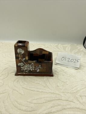 Handmade Laquered Wood Business Card & Pencil Holder With Inlaid Shell Design
